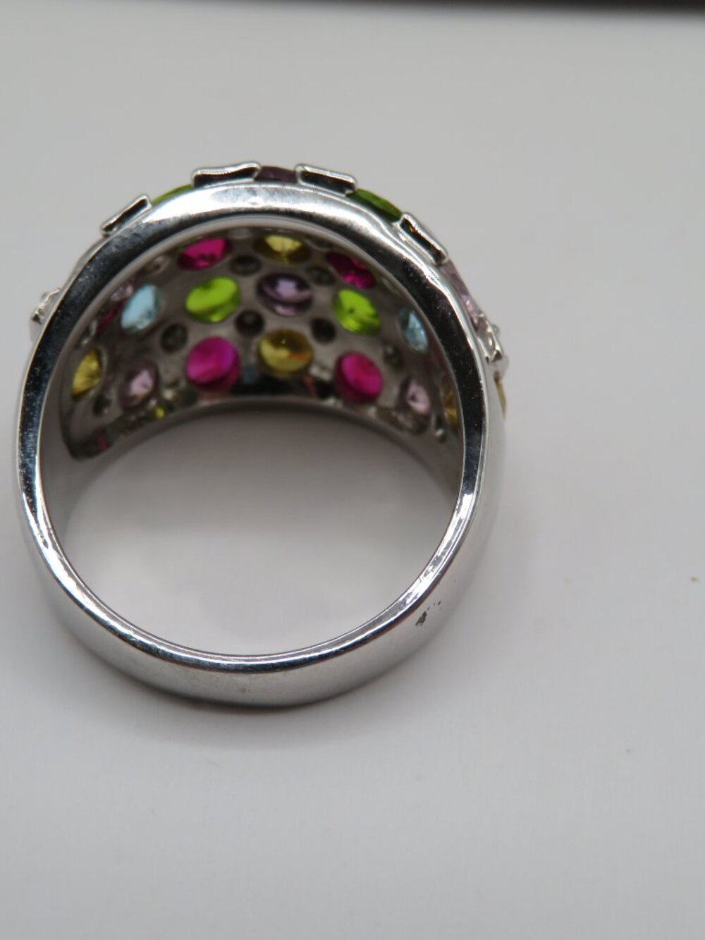 Multi Color Rhinestone Silver Tone Dome Cocktail Ring Sz 10 - Picture 7 of 12